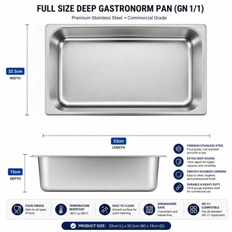 Professional Heavy-Duty Stainless Steel Gastronorm Container – Silver (53x32.5x15cm)
