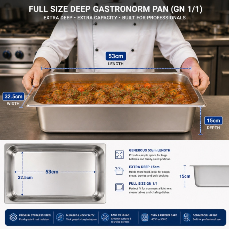 Professional Heavy-Duty Stainless Steel Gastronorm Container – Silver (53x32.5x15cm)