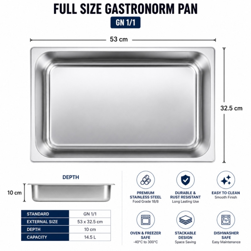 Professional Heavy-Duty Stainless Steel Gastronorm Container – Silver (53x32.5x10cm)