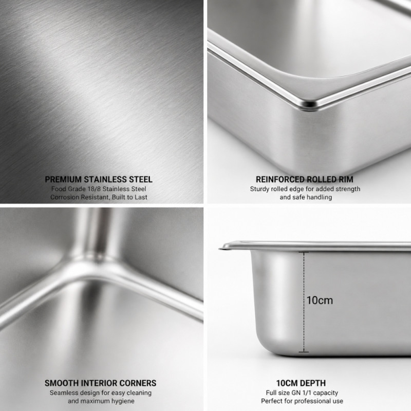 Professional Heavy-Duty Stainless Steel Gastronorm Container – Silver (53x32.5x10cm)
