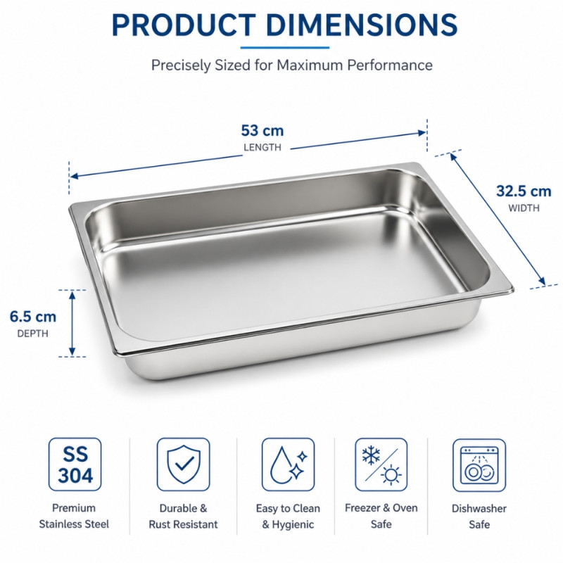 Professional Stainless Steel Gastronorm Food Pan – GN 1/1 Commercial Size (53x32.5x6.5cm)