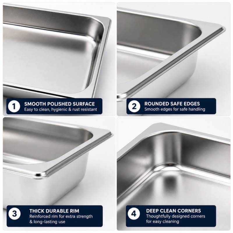 Professional Stainless Steel Gastronorm Food Pan – GN 1/1 Commercial Size (53x32.5x6.5cm)
