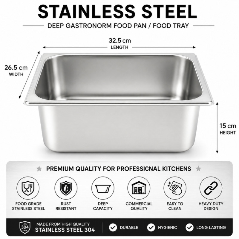 Professional Stainless Steel Gastronorm (GN) Food Pan – 1/2 Size (26.5 x 32.5 x 15cm) – Silver