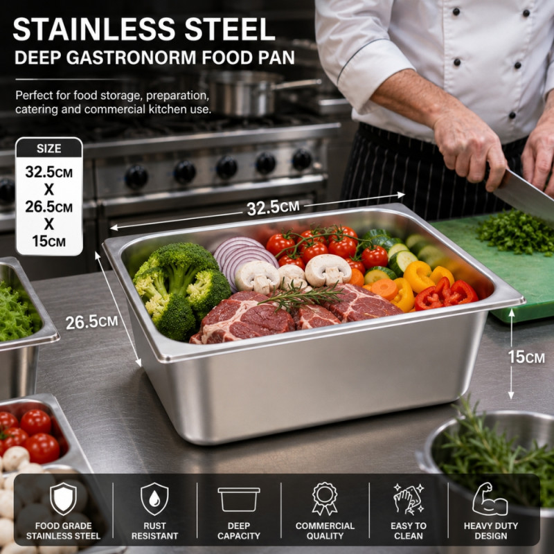 Professional Stainless Steel Gastronorm (GN) Food Pan – 1/2 Size (26.5 x 32.5 x 15cm) – Silver