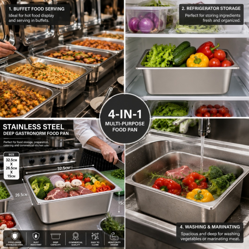 Professional Stainless Steel Gastronorm (GN) Food Pan – 1/2 Size (26.5 x 32.5 x 15cm) – Silver