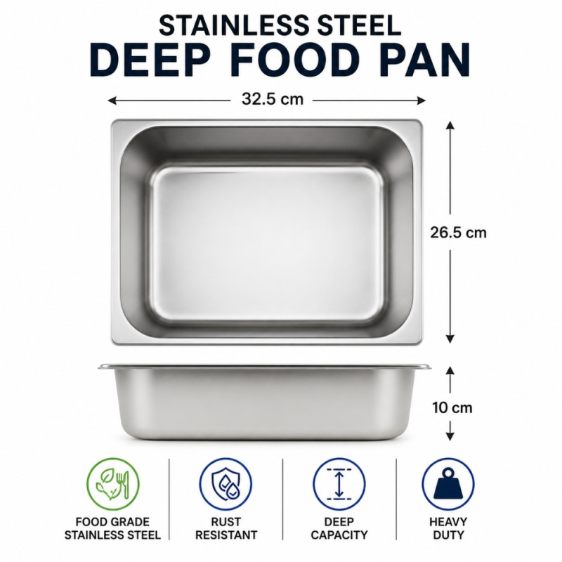 Professional Heavy-Duty Stainless Steel Gastronorm Container – Silver (32.5x26.5x10cm)