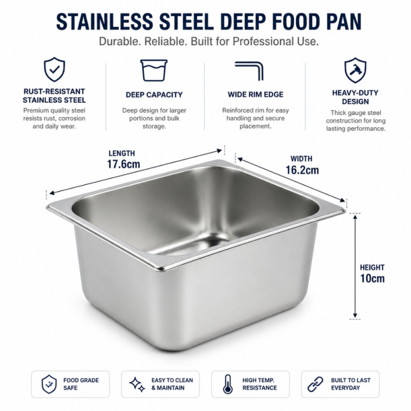 Stainless Steel Professional Hotel Pan – 1/6 Size (17.6x16.2x10cm)
