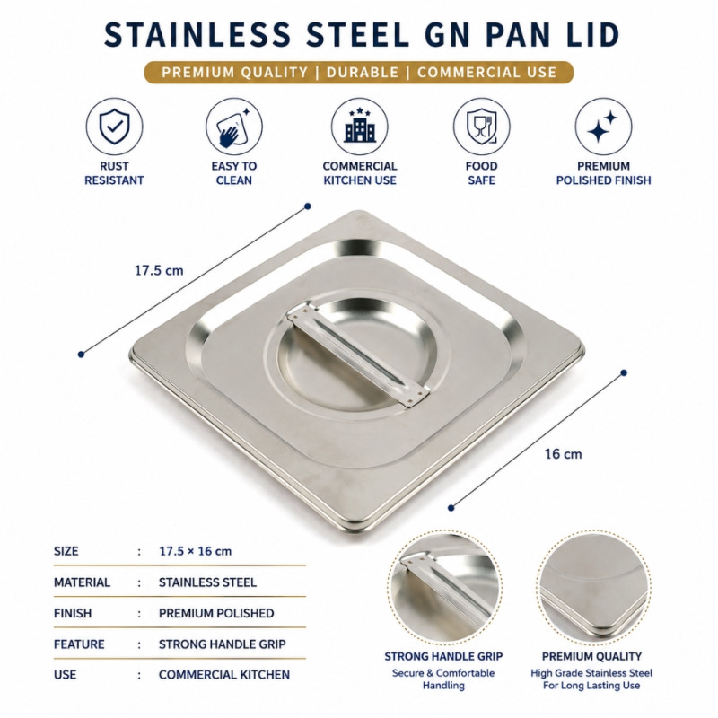 Professional Stainless Steel Gastronorm (GN) Pan Lid – 1/6 Size (17.5x16cm)