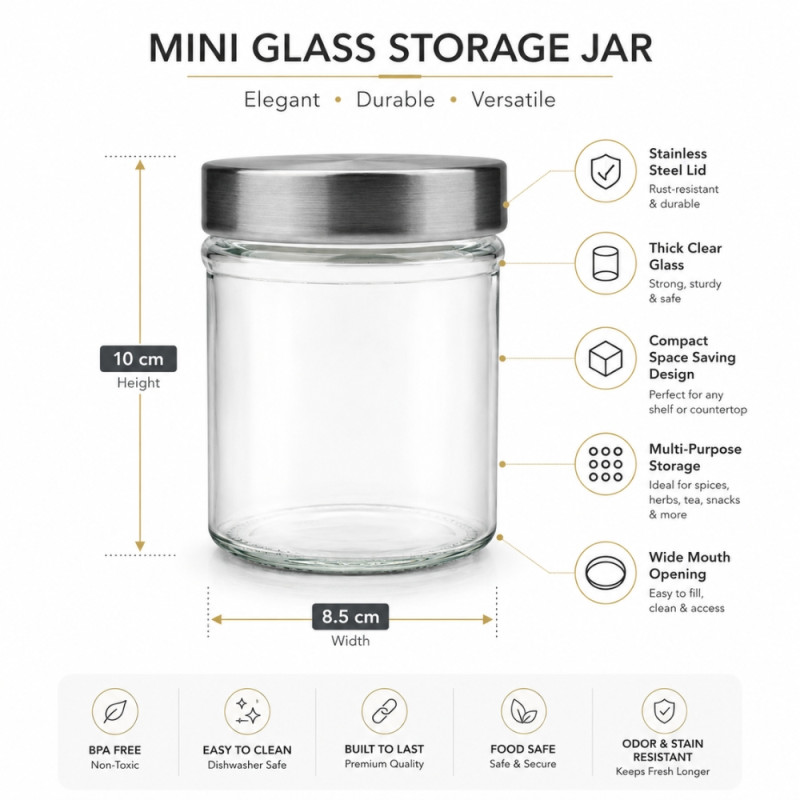 Premium Glass Storage Jar with Stainless Steel Lid & Wide Mouth - 10x8.5cm Transparent
