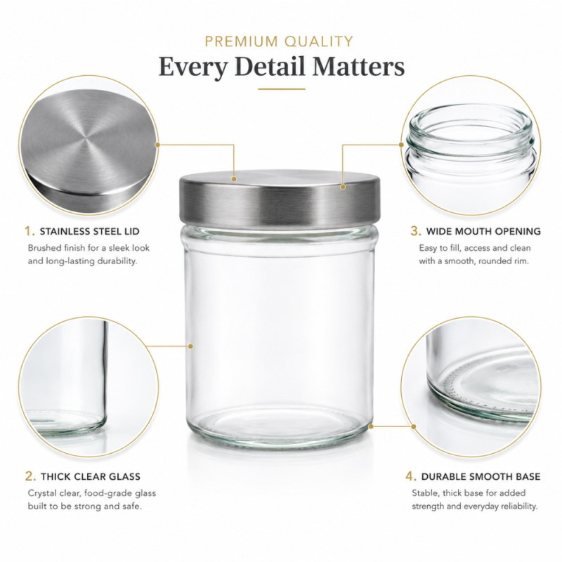 Premium Glass Storage Jar with Stainless Steel Lid & Wide Mouth - 10x8.5cm Transparent

