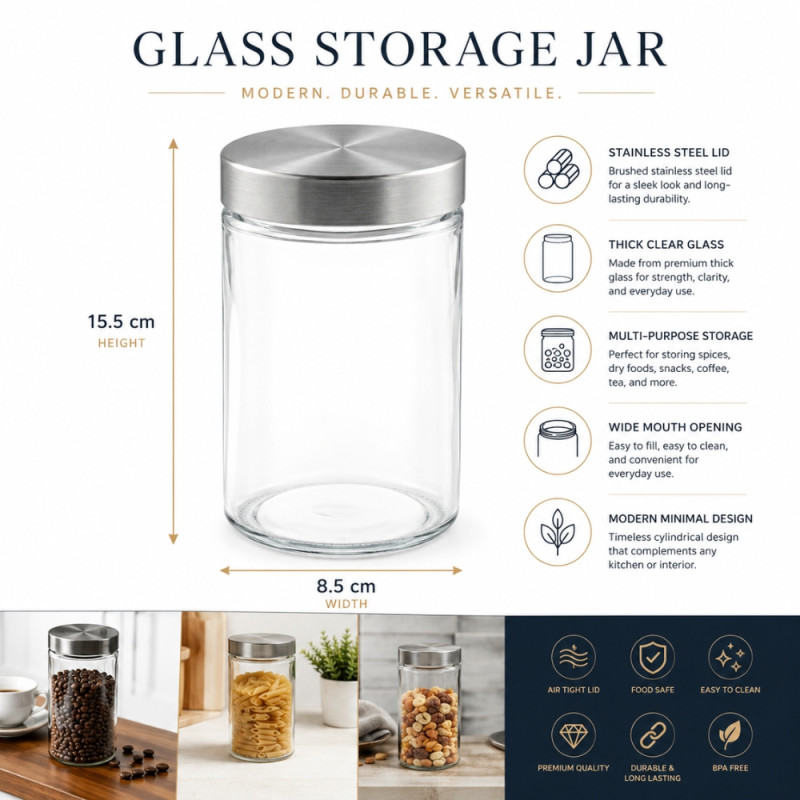 Premium Glass Storage Jar with Stainless Steel Lid - 15.5 x 8.5cm, Transparent & Silver