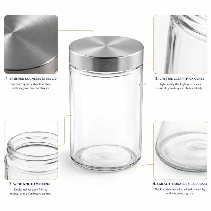 Premium Glass Storage Jar with Stainless Steel Lid - 15.5 x 8.5cm, Transparent & Silver