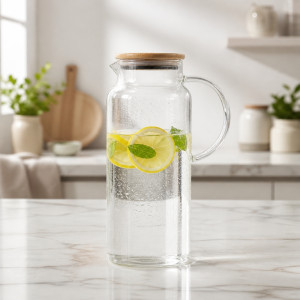 Elegant Glass Water Jug with Eco-Friendly Bamboo Lid – Transparent (25.5x10.5cm)