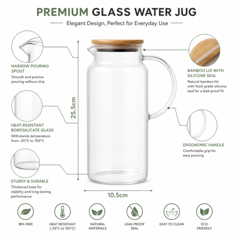 Elegant Glass Water Jug with Eco-Friendly Bamboo Lid – Transparent (25.5x10.5cm)