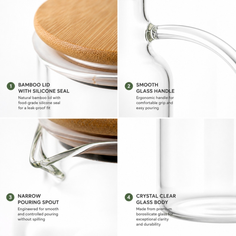 Elegant Glass Water Jug with Eco-Friendly Bamboo Lid – Transparent (25.5x10.5cm)