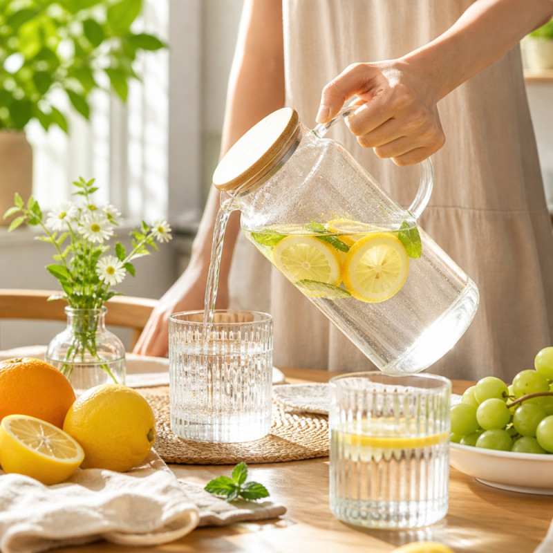 Elegant Glass Water Jug with Eco-Friendly Bamboo Lid – Transparent (25.5x10.5cm)