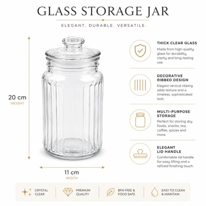 Elegant Ribbed Glass Storage Jar with Clear Lid - 20x11cm Transparent