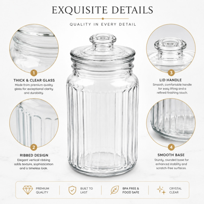 Elegant Ribbed Glass Storage Jar with Clear Lid - 20x11cm Transparent