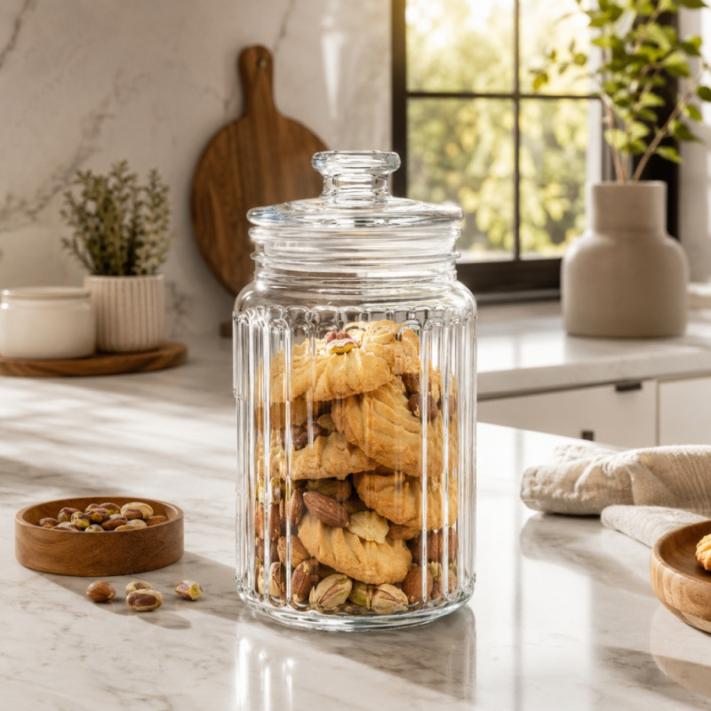 Elegant Ribbed Glass Storage Jar with Clear Lid - 20x11cm Transparent
