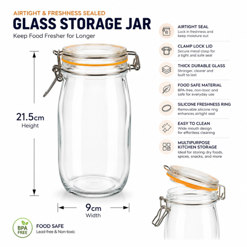 Premium Airtight Glass Storage Jar with Clamp Top Lid & Silicone Seal, 21.5cm x 9cm, Transparent