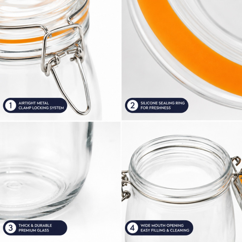 Premium Airtight Glass Storage Jar with Clamp Top Lid & Silicone Seal, 21.5cm x 9cm, Transparent