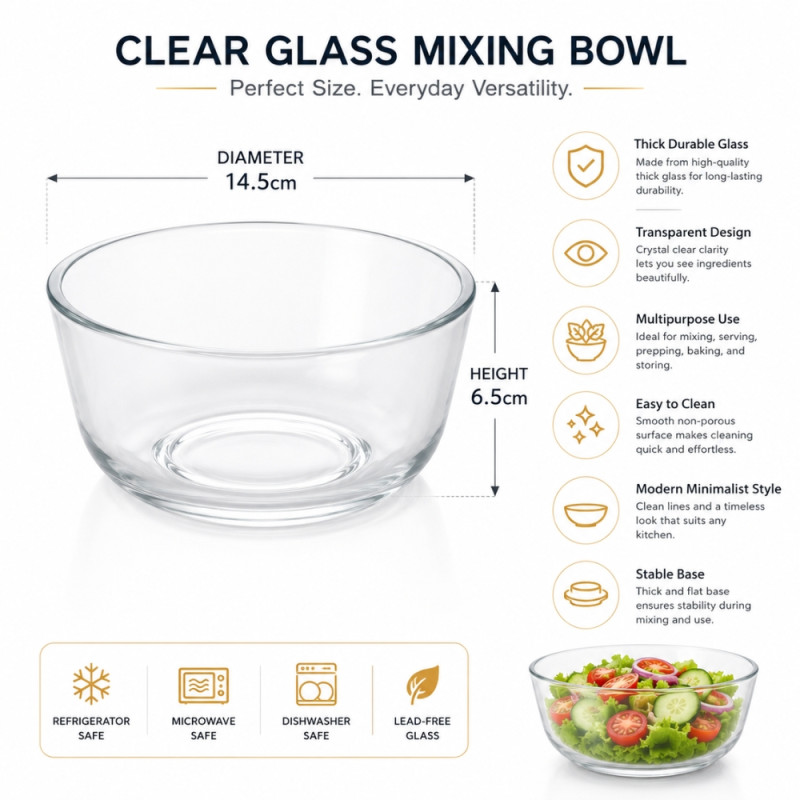 Premium Versatile Clear Glass Mixing Bowl | Transparent, 6.5 x 14.5cm
