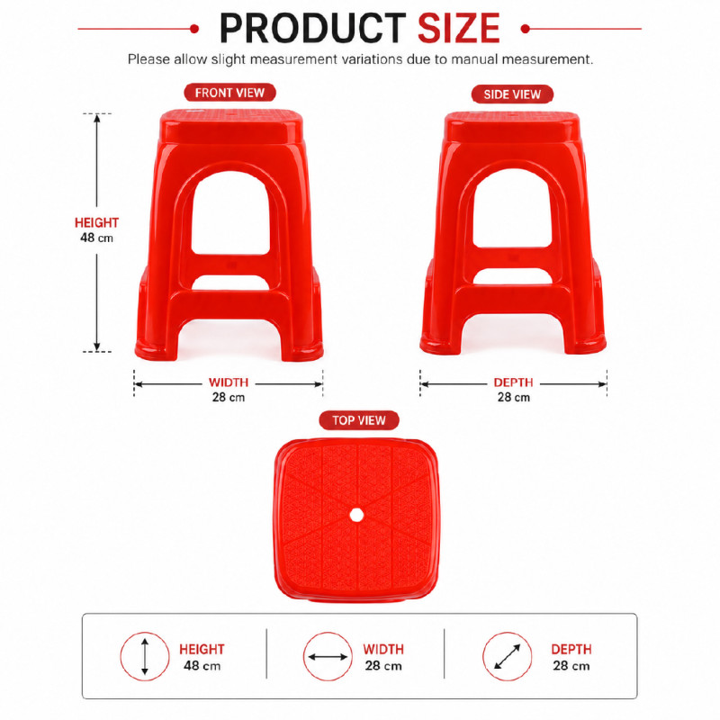 Red Square-Shaped Plastic Stools Constructed from Durable Polypropylene – 48 x 28 cm