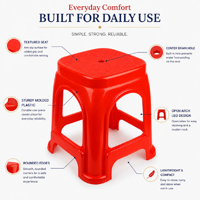 Red Square-Shaped Plastic Stools Constructed from Durable Polypropylene – 48 x 28 cm