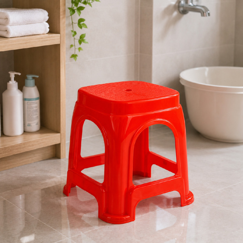 Red Square-Shaped Plastic Stools Constructed from Durable Polypropylene – 48 x 28 cm