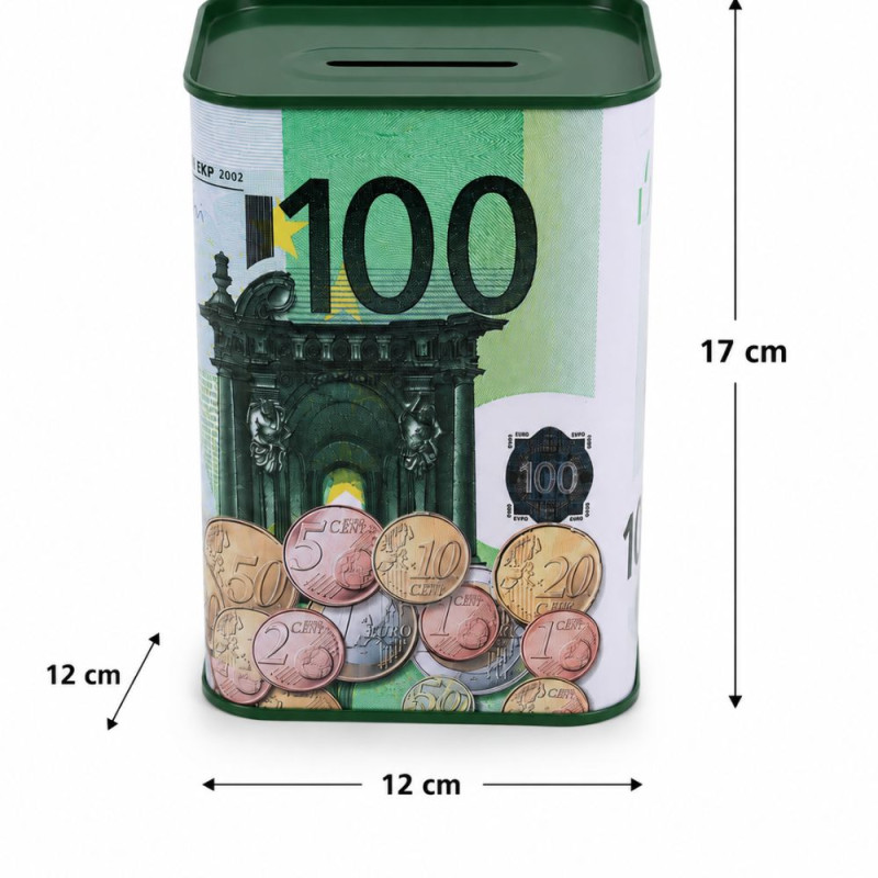 100 Euro Note Print | White & Green Tin Coin Bank | Glossy Finish