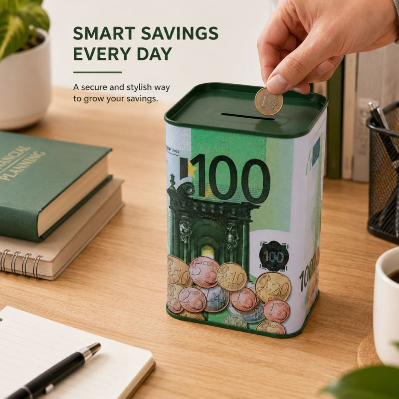100 Euro Note Print | White & Green Tin Coin Bank | Glossy Finish