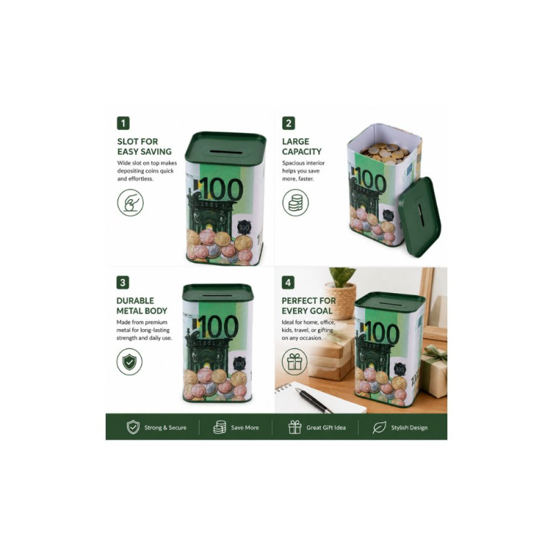 100 Euro Note Print | White & Green Tin Coin Bank | Glossy Finish