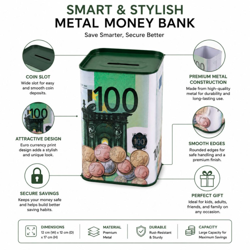100 Euro Note Print | White & Green Tin Coin Bank | Glossy Finish