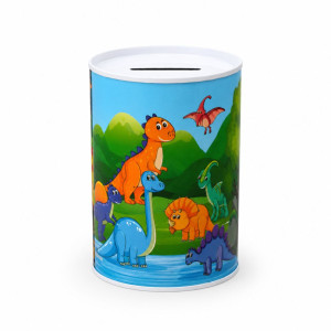 Dinosaur-Themed Metal Piggy Bank with Colorful Illustration – 21 x 15 cm – Blue & Green