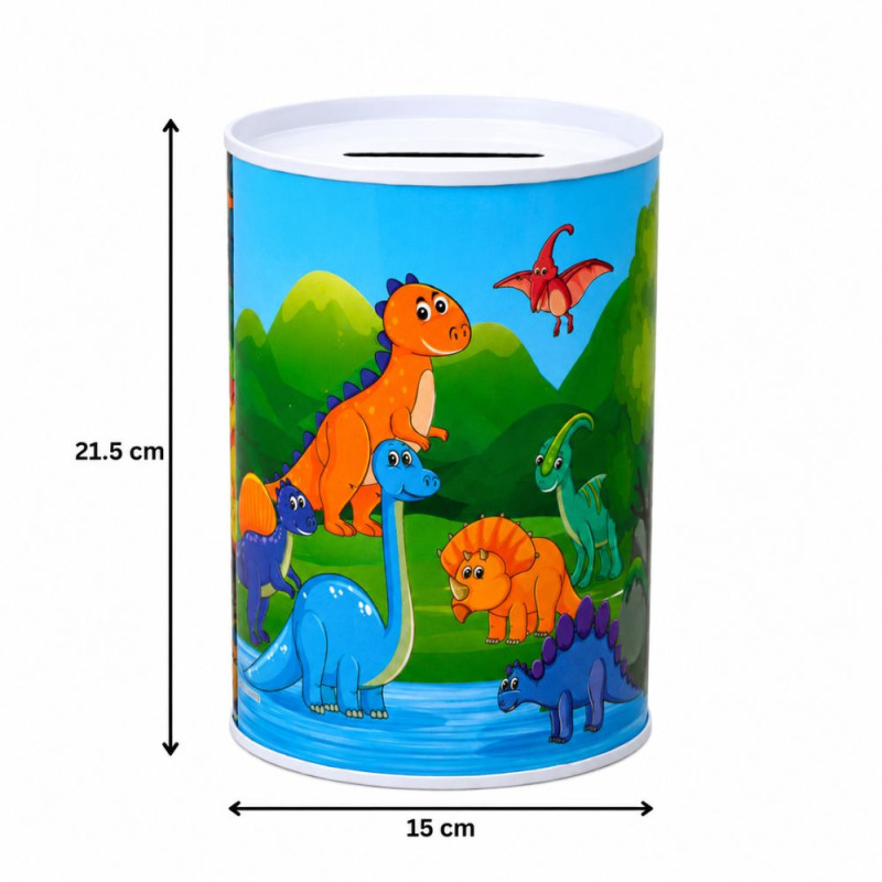 Dinosaur-Themed Metal Piggy Bank with Colorful Illustration – 21 x 15 cm – Blue &amp; Green