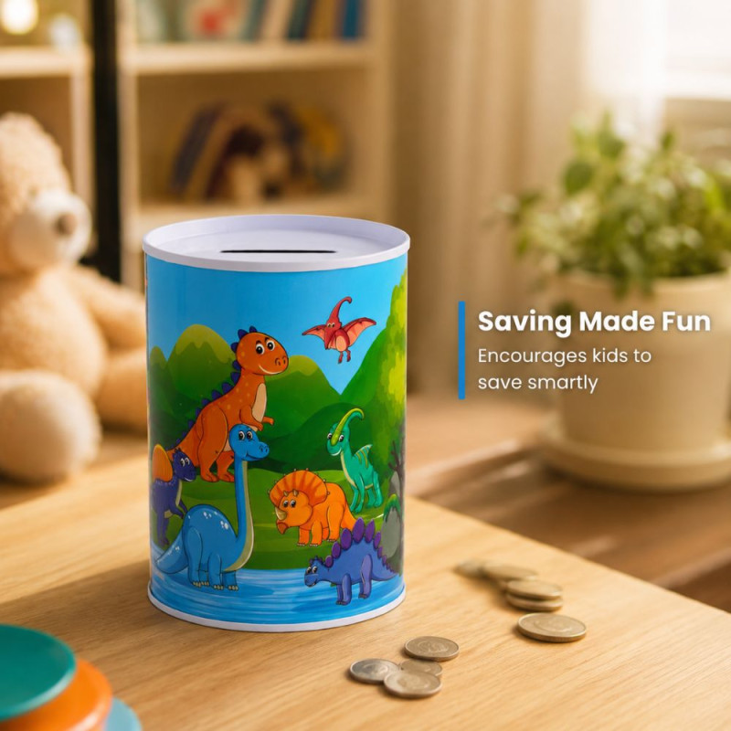 Dinosaur-Themed Metal Piggy Bank with Colorful Illustration – 21 x 15 cm – Blue &amp; Green
