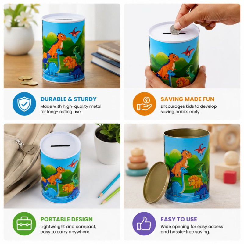 Dinosaur-Themed Metal Piggy Bank with Colorful Illustration – 21 x 15 cm – Blue &amp; Green