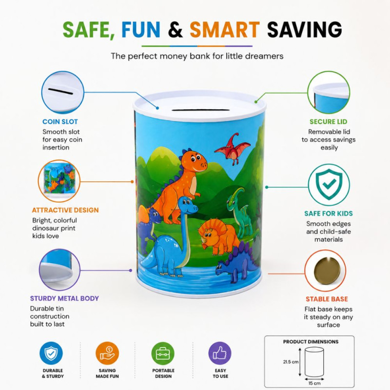 Dinosaur-Themed Metal Piggy Bank with Colorful Illustration – 21 x 15 cm – Blue &amp; Green