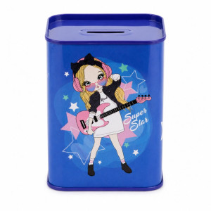 Charming Blue Tin Metal Savings Bank | Rock Star Girl Graphic | 15 x 10.1 cm