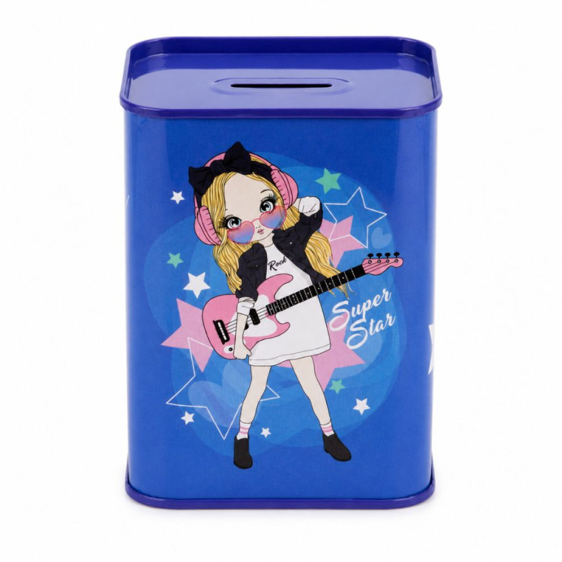 Charming Blue Tin Metal Savings Bank | Rock Star Girl Graphic | 15 x 10.1 cm