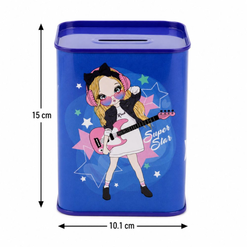 Charming Blue Tin Metal Savings Bank | Rock Star Girl Graphic | 15 x 10.1 cm