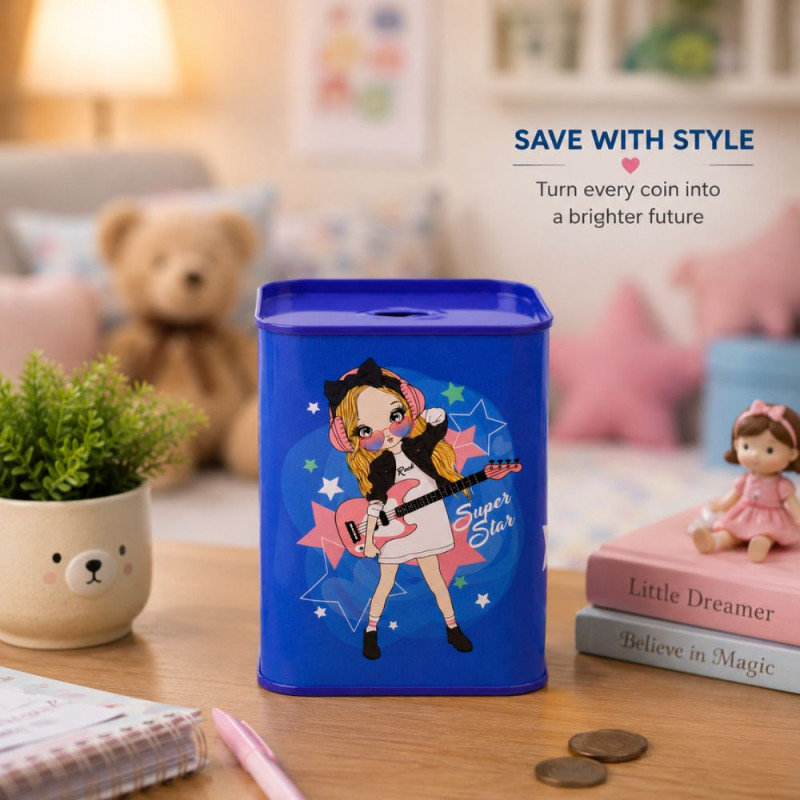 Charming Blue Tin Metal Savings Bank | Rock Star Girl Graphic | 15 x 10.1 cm