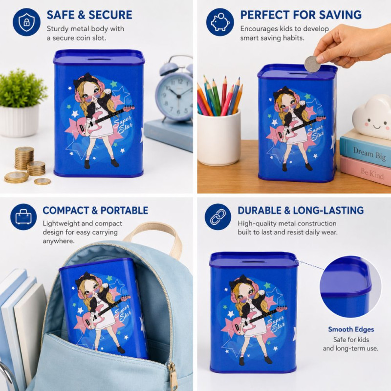 Charming Blue Tin Metal Savings Bank | Rock Star Girl Graphic | 15 x 10.1 cm