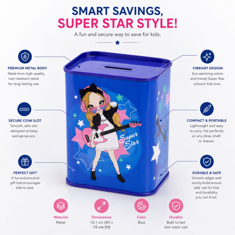 Charming Blue Tin Metal Savings Bank | Rock Star Girl Graphic | 15 x 10.1 cm