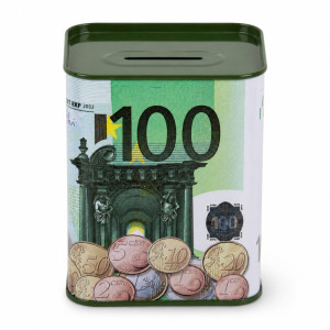 Premium Secure Metal Savings Bank, 100 Euro Banknote Design, 14.5 x 10.5 cm, White & Green