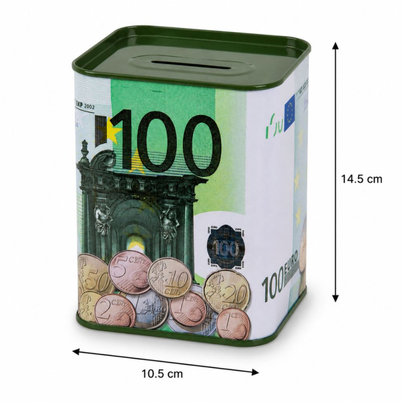 Premium Secure Metal Savings Bank, 100 Euro Banknote Design, 14.5 x 10.5 cm, White & Green