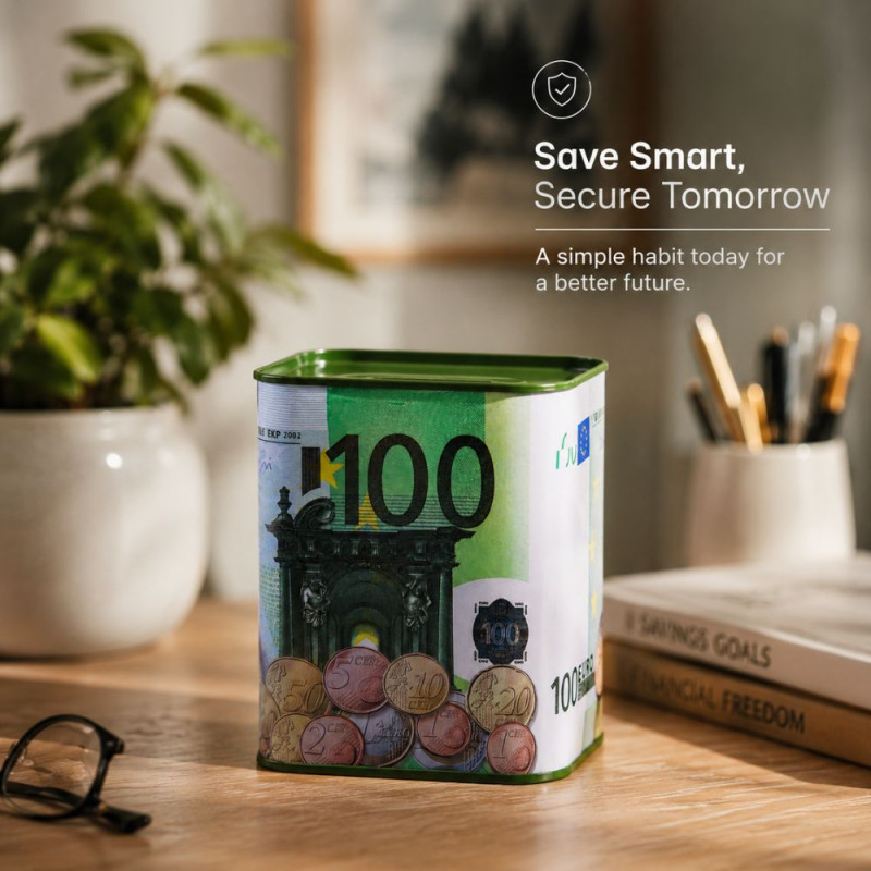 Premium Secure Metal Savings Bank, 100 Euro Banknote Design, 14.5 x 10.5 cm, White & Green