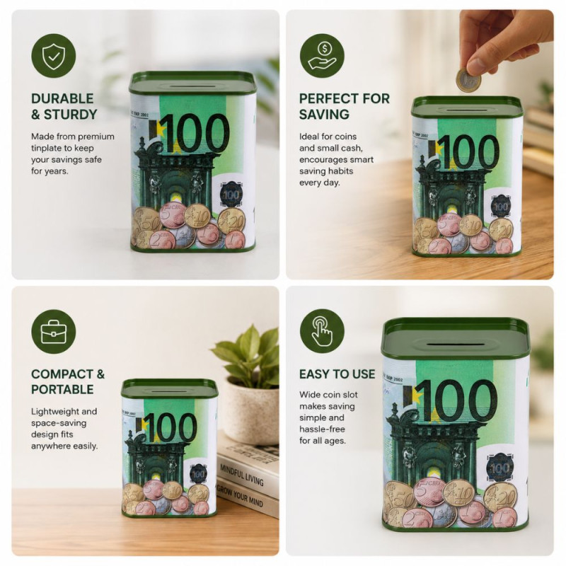 Premium Secure Metal Savings Bank, 100 Euro Banknote Design, 14.5 x 10.5 cm, White & Green