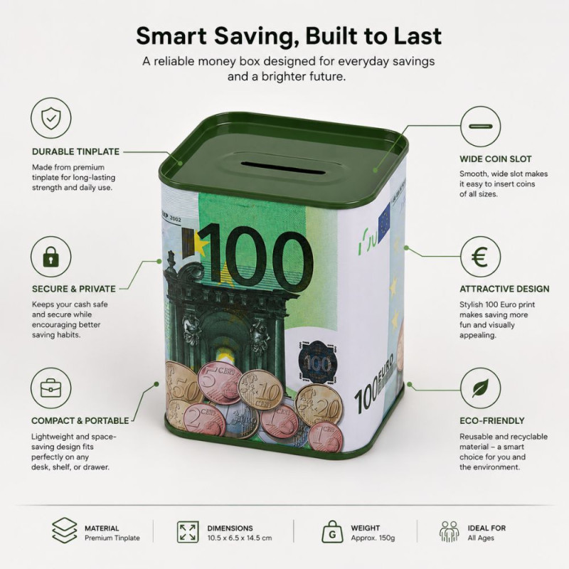 Premium Secure Metal Savings Bank, 100 Euro Banknote Design, 14.5 x 10.5 cm, White & Green