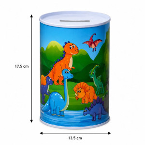 Dinosaur-Themed Metal Piggy Bank with Colorful Illustration